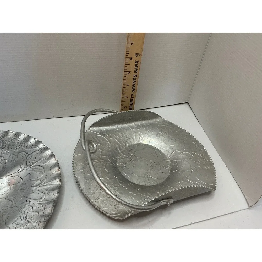 Vintage Aluminum Serving Set Floral Hammered Metal Trays Mid Century